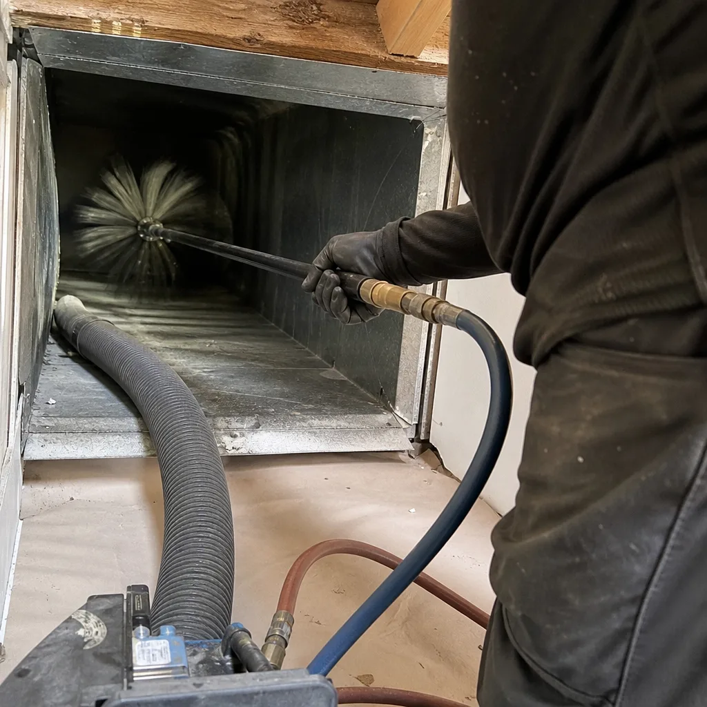 Technician using a rotating brush for professional air duct cleaning service