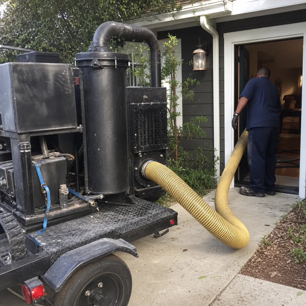 Professional air duct cleaning technician using heavy duty vacuum equipment